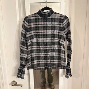Intermix Black & Gray Plaid Ruffle Neck Blouse – Size Small